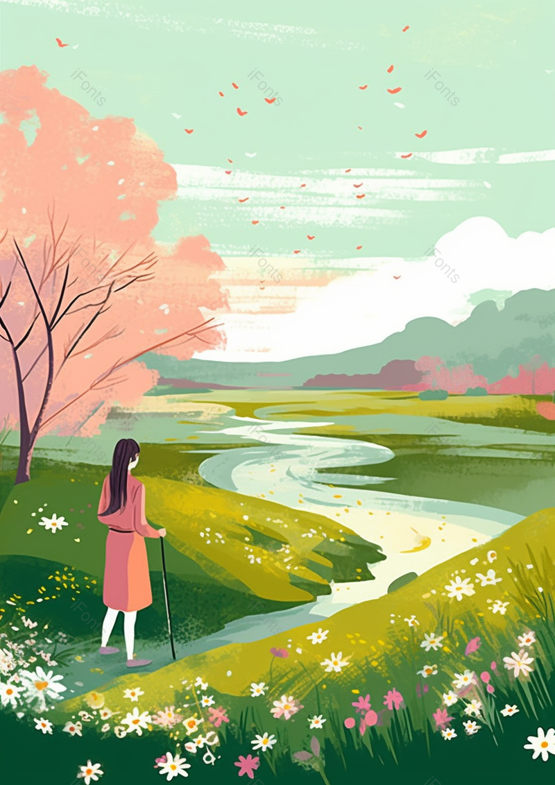 春天一个高马尾女孩在户外背景,插画/手绘图,插画/手绘图库,插画/手绘图下载,插画/手绘